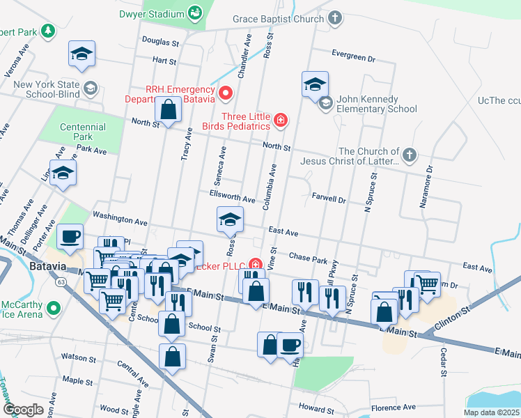 map of restaurants, bars, coffee shops, grocery stores, and more near 10 Columbia Avenue in Batavia