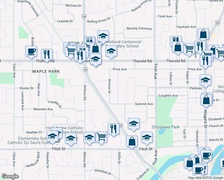 map of restaurants, bars, coffee shops, grocery stores, and more near in Welland