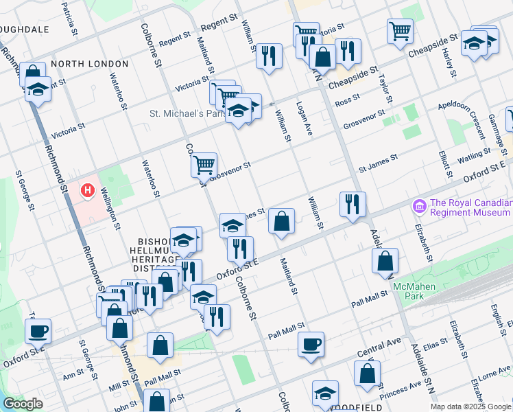 map of restaurants, bars, coffee shops, grocery stores, and more near 470 Saint James Street in London