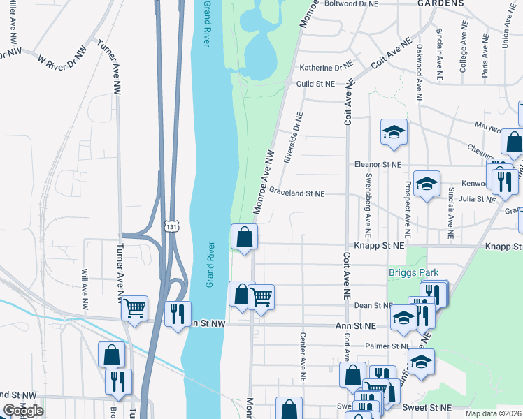 map of restaurants, bars, coffee shops, grocery stores, and more near 2048 Monroe Avenue Northwest in Grand Rapids