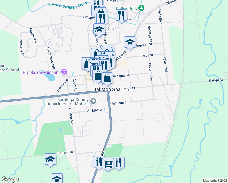 map of restaurants, bars, coffee shops, grocery stores, and more near 18 E High St in Ballston Spa