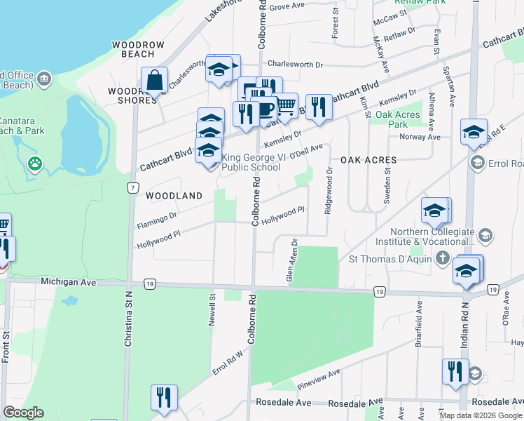 map of restaurants, bars, coffee shops, grocery stores, and more near 672 Hollywood Place in Sarnia