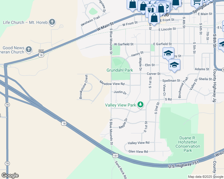 map of restaurants, bars, coffee shops, grocery stores, and more near 727 South Blue Mounds Street in Mount Horeb