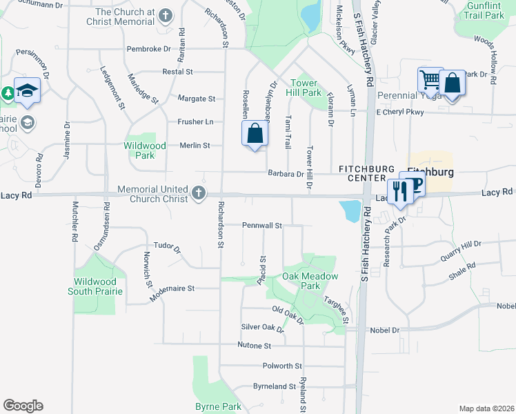 map of restaurants, bars, coffee shops, grocery stores, and more near 5661 Lacy Road in Fitchburg