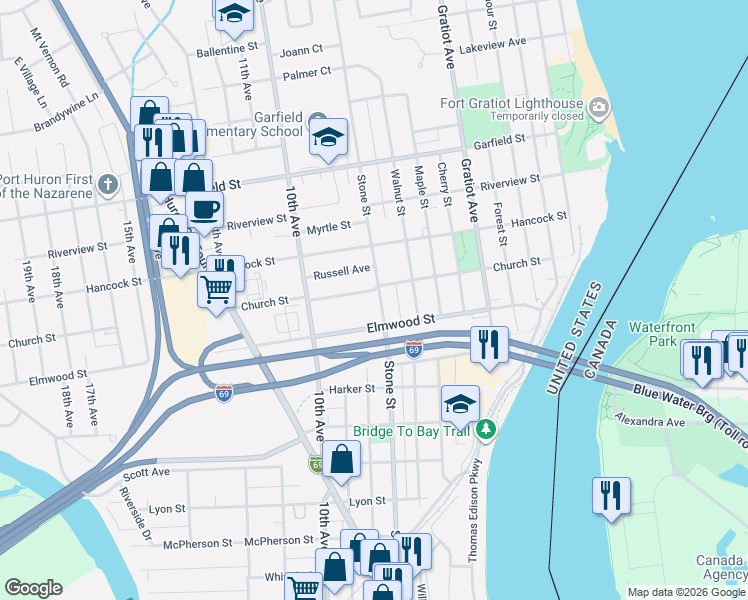 map of restaurants, bars, coffee shops, grocery stores, and more near 2427 Stone Street in Port Huron