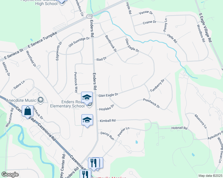 map of restaurants, bars, coffee shops, grocery stores, and more near 4731 Prestwick Drive in Manlius