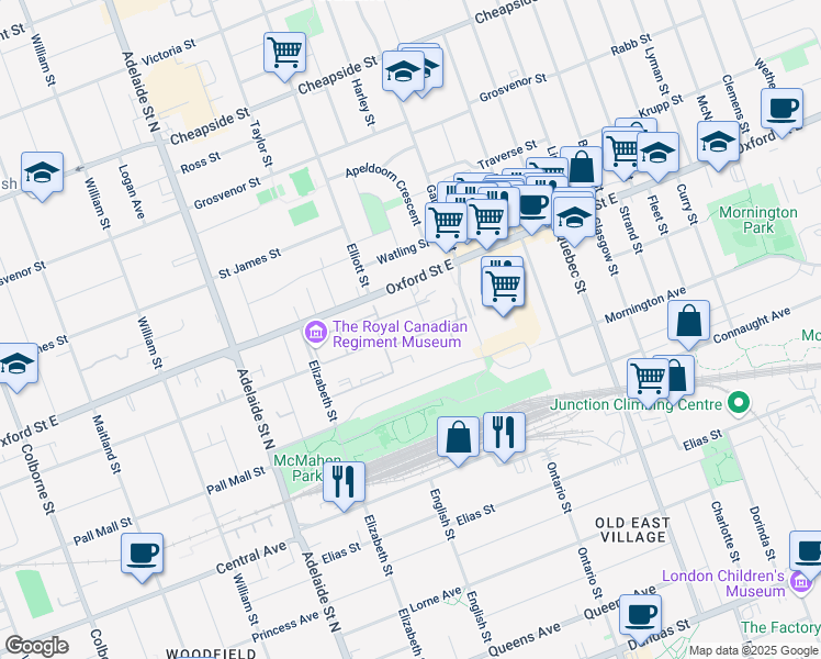 map of restaurants, bars, coffee shops, grocery stores, and more near 701 Oxford Street East in London