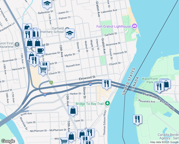 map of restaurants, bars, coffee shops, grocery stores, and more near 2413 Walnut Street in Port Huron