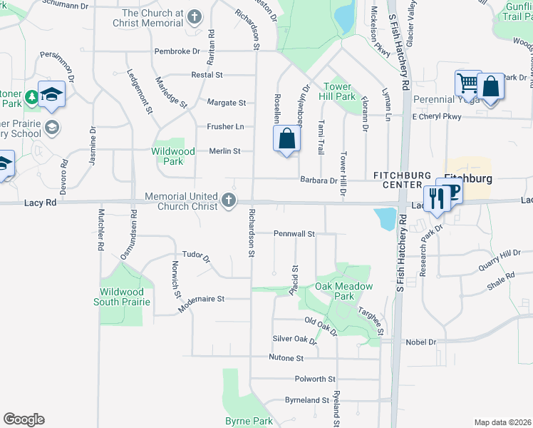 map of restaurants, bars, coffee shops, grocery stores, and more near 5673 Lacy Road in Fitchburg