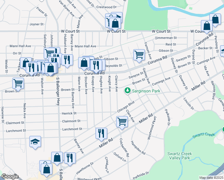 map of restaurants, bars, coffee shops, grocery stores, and more near 1301 Knight Avenue in Flint