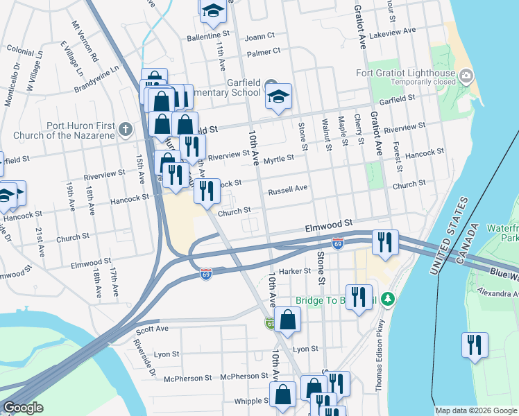 map of restaurants, bars, coffee shops, grocery stores, and more near 1426 Church Street in Port Huron