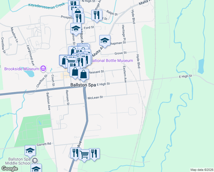 map of restaurants, bars, coffee shops, grocery stores, and more near 72 East High Street in Ballston Spa