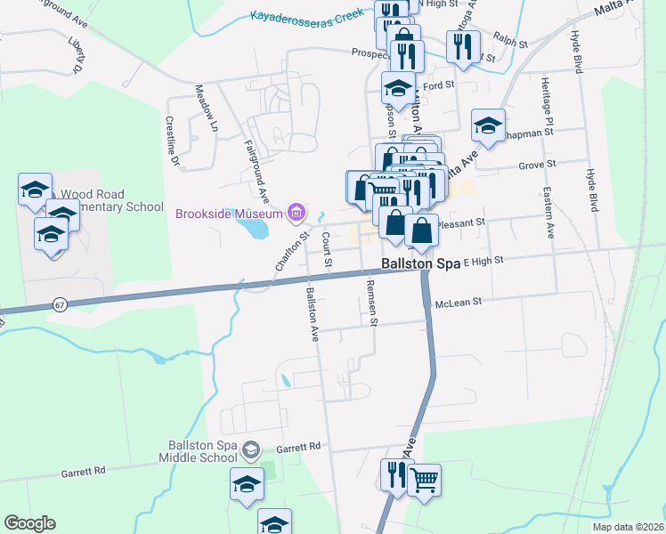 map of restaurants, bars, coffee shops, grocery stores, and more near 100 West High Street in Ballston Spa