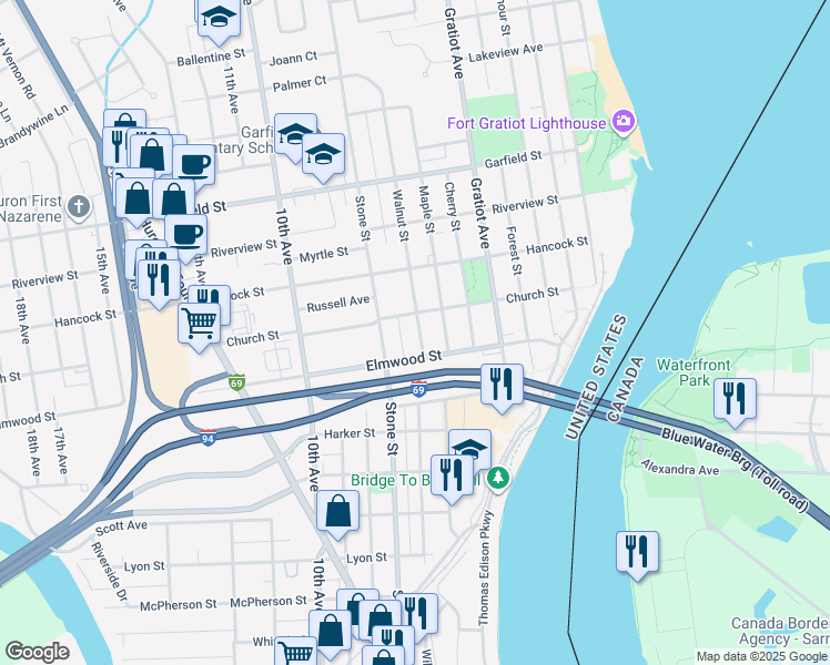 map of restaurants, bars, coffee shops, grocery stores, and more near 2413 Walnut Street in Port Huron