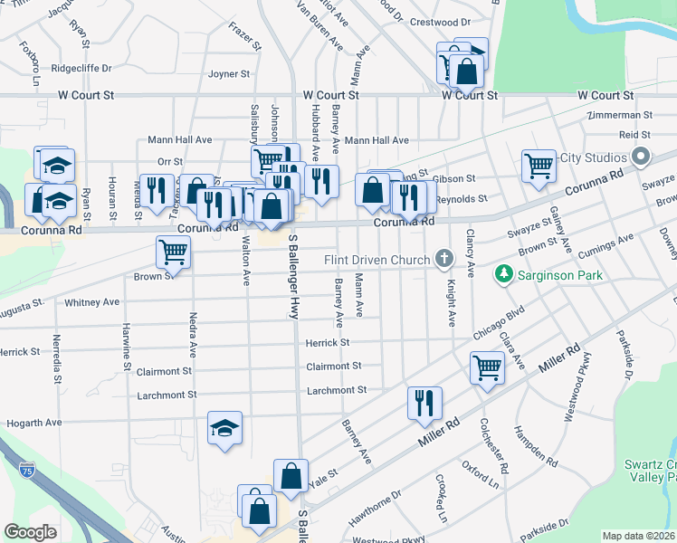 map of restaurants, bars, coffee shops, grocery stores, and more near 1300 Barney Avenue in Flint