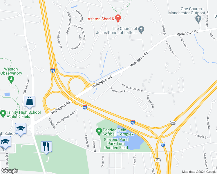 map of restaurants, bars, coffee shops, grocery stores, and more near 550 Old Wellington Road in Manchester