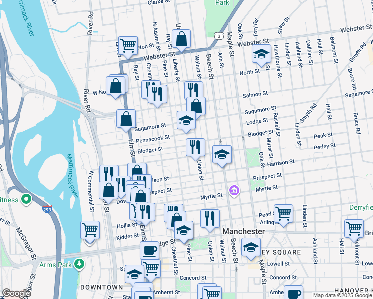 map of restaurants, bars, coffee shops, grocery stores, and more near 84 Brook Street in Manchester