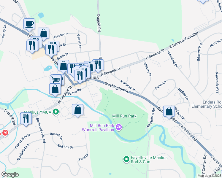 map of restaurants, bars, coffee shops, grocery stores, and more near 136 Washington Street in Manlius