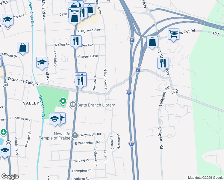 map of restaurants, bars, coffee shops, grocery stores, and more near in Syracuse