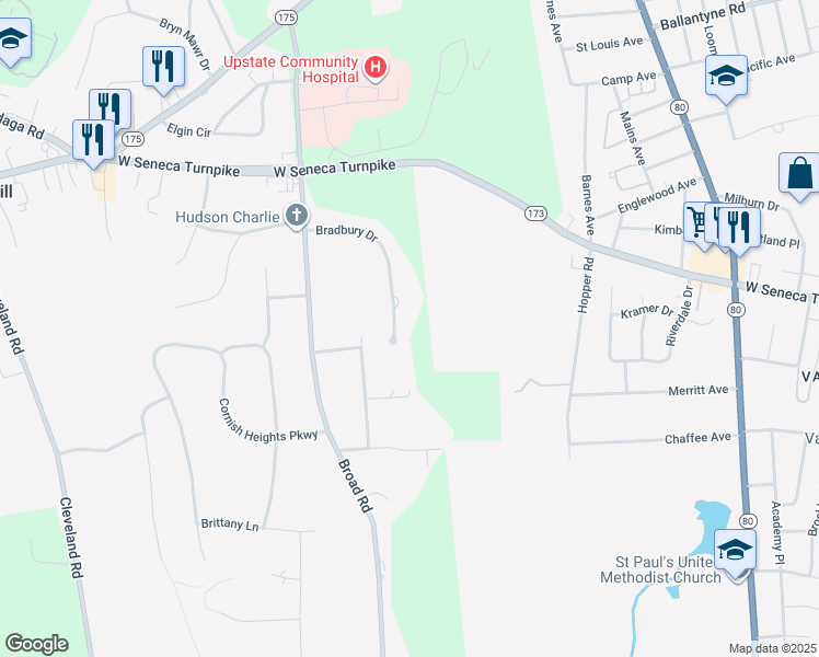 map of restaurants, bars, coffee shops, grocery stores, and more near 5101 Bradbury Drive in Syracuse