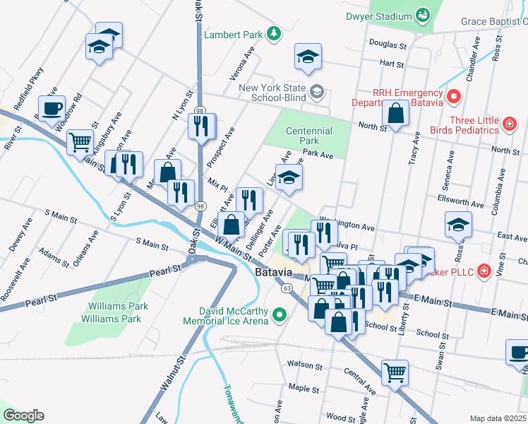 map of restaurants, bars, coffee shops, grocery stores, and more near 29 Porter Avenue in Batavia