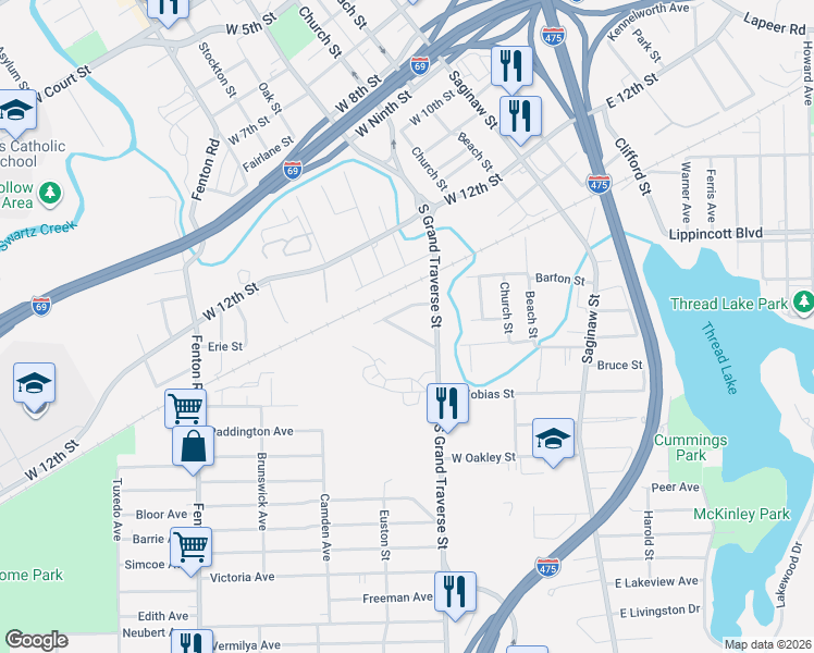 map of restaurants, bars, coffee shops, grocery stores, and more near 631 Monroe Street in Flint