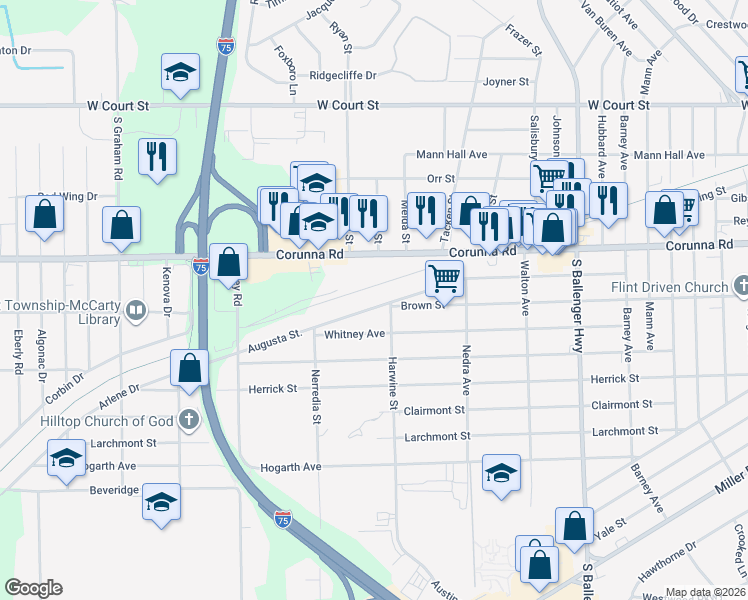 map of restaurants, bars, coffee shops, grocery stores, and more near 3239 Augusta Street in Flint