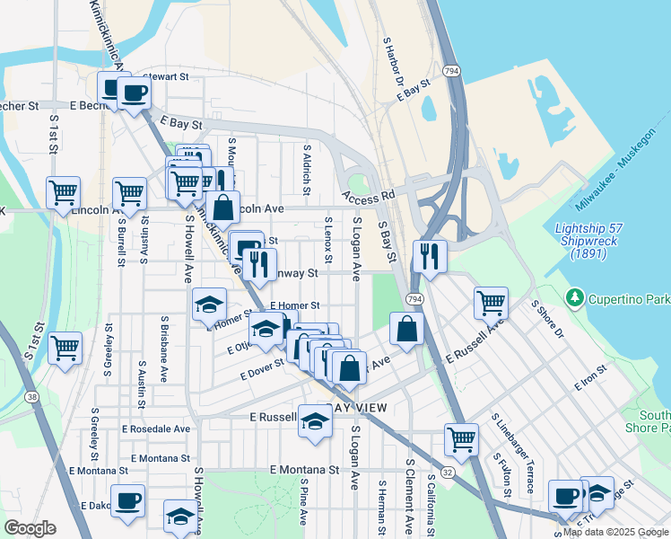map of restaurants, bars, coffee shops, grocery stores, and more near 831 East Conway Street in Milwaukee
