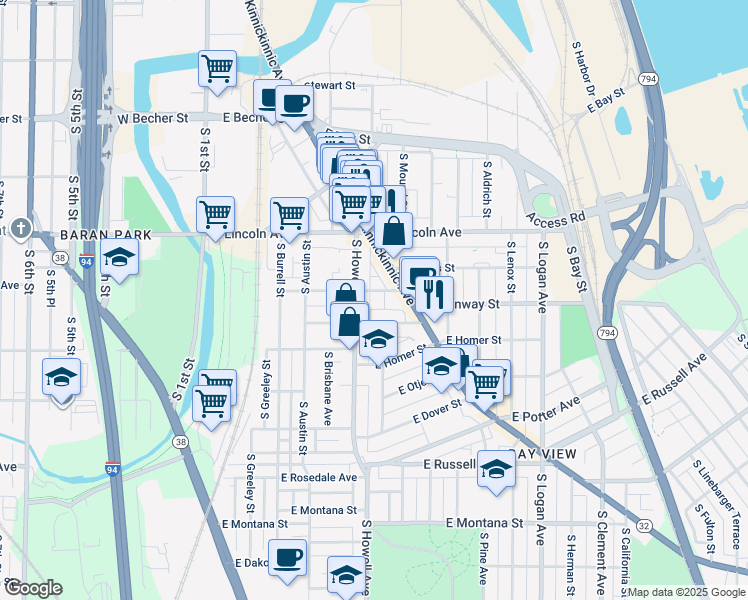 map of restaurants, bars, coffee shops, grocery stores, and more near 2422-2424 South Howell Avenue in Milwaukee