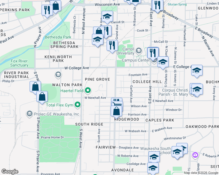 map of restaurants, bars, coffee shops, grocery stores, and more near 242 Hinman Avenue in Waukesha