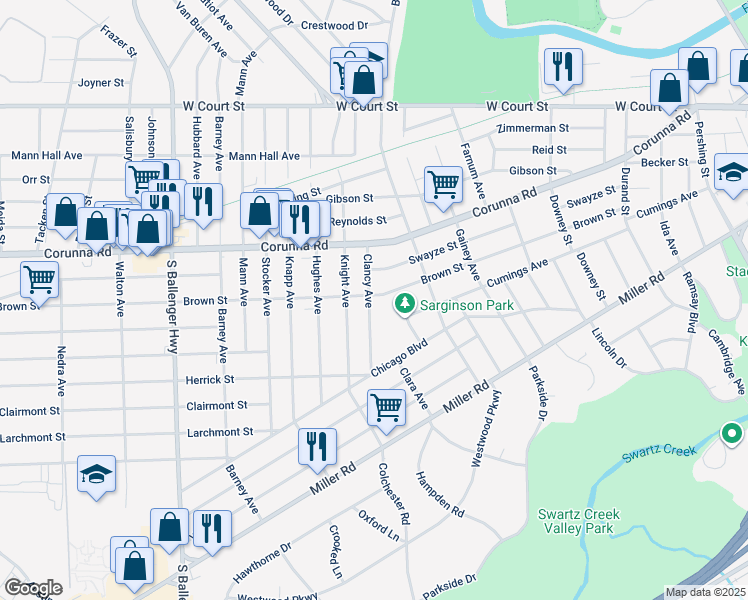 map of restaurants, bars, coffee shops, grocery stores, and more near 1301 Clancy Avenue in Flint