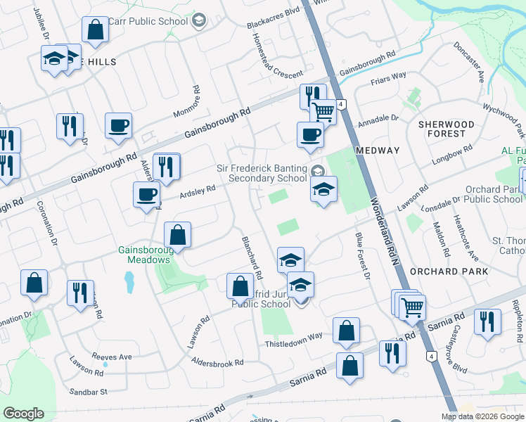 map of restaurants, bars, coffee shops, grocery stores, and more near 1319 Limberlost Road in London