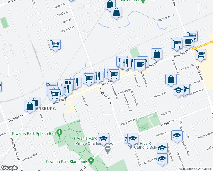 map of restaurants, bars, coffee shops, grocery stores, and more near 1657 Dundas Street in London