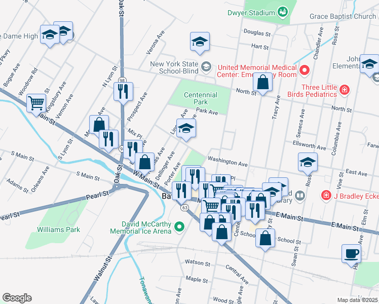 map of restaurants, bars, coffee shops, grocery stores, and more near 32 Washington Ave in Batavia