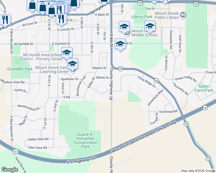 map of restaurants, bars, coffee shops, grocery stores, and more near 712 Spellman Street in Mount Horeb