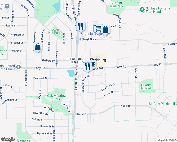 map of restaurants, bars, coffee shops, grocery stores, and more near 2693 Research Park Drive in Fitchburg