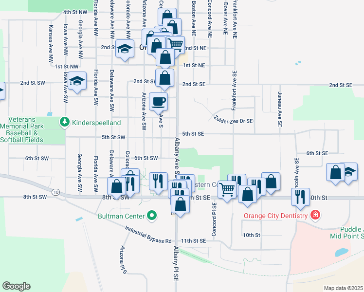 map of restaurants, bars, coffee shops, grocery stores, and more near 586-598 Albany Avenue Southeast in Orange City