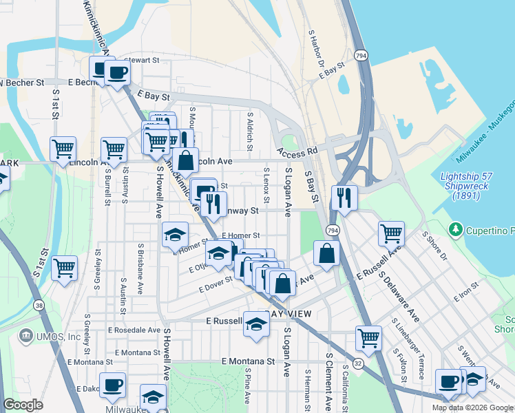 map of restaurants, bars, coffee shops, grocery stores, and more near 831 East Conway Street in Milwaukee