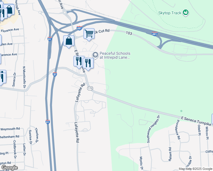 map of restaurants, bars, coffee shops, grocery stores, and more near 685 East Seneca Turnpike in Syracuse