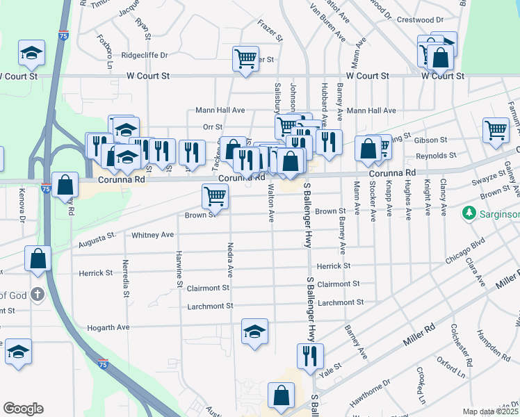 map of restaurants, bars, coffee shops, grocery stores, and more near 3814 Brown Street in Flint