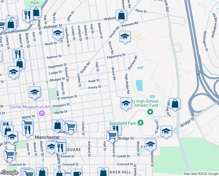 map of restaurants, bars, coffee shops, grocery stores, and more near 359 Harrison Street in Manchester