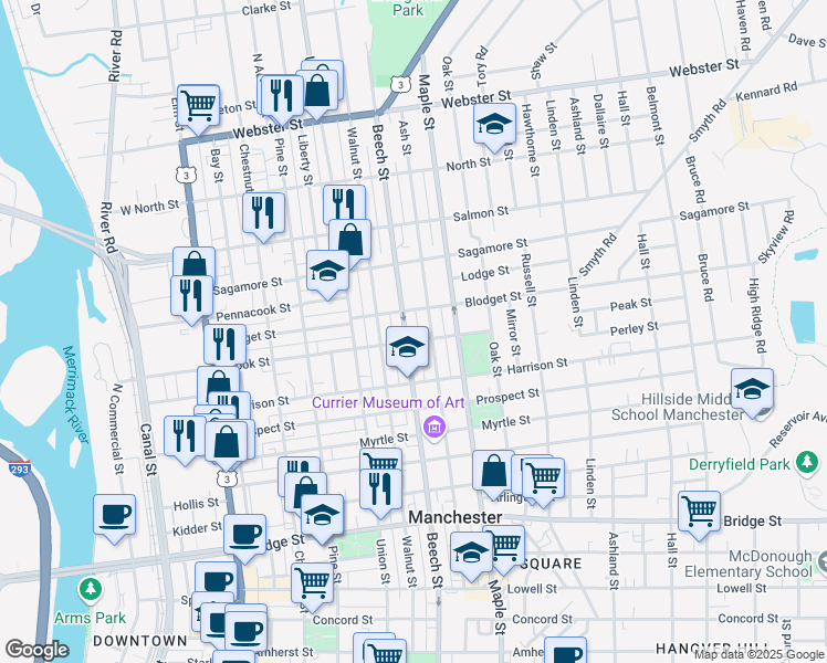 map of restaurants, bars, coffee shops, grocery stores, and more near 135 Brook Street in Manchester