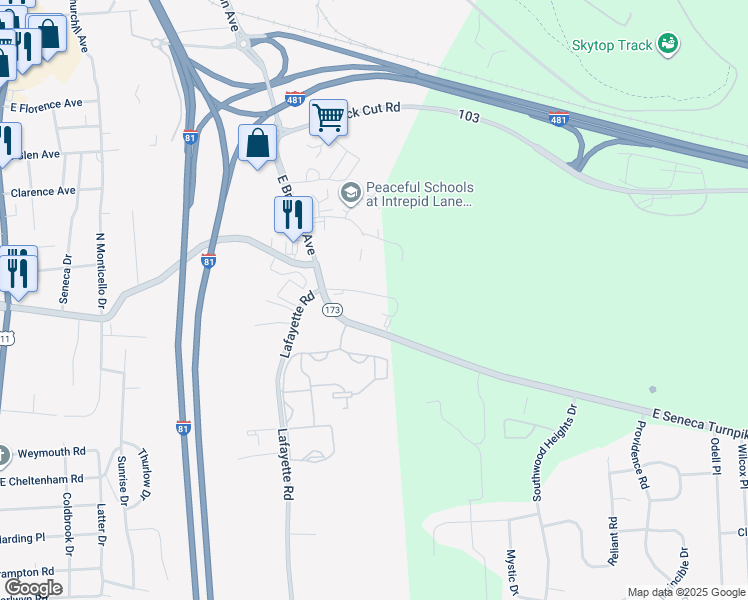 map of restaurants, bars, coffee shops, grocery stores, and more near 685 East Seneca Turnpike in Syracuse