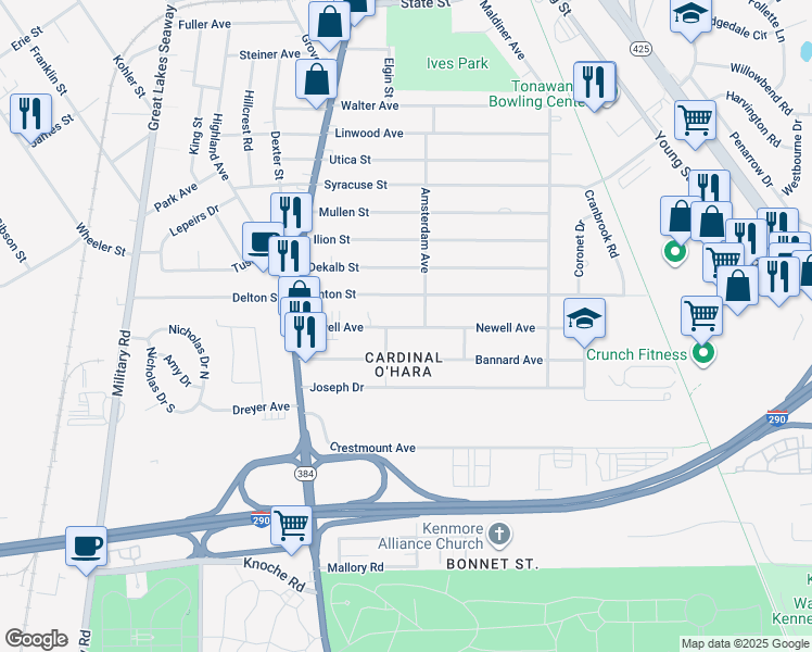 map of restaurants, bars, coffee shops, grocery stores, and more near 137 Newell Avenue in Tonawanda