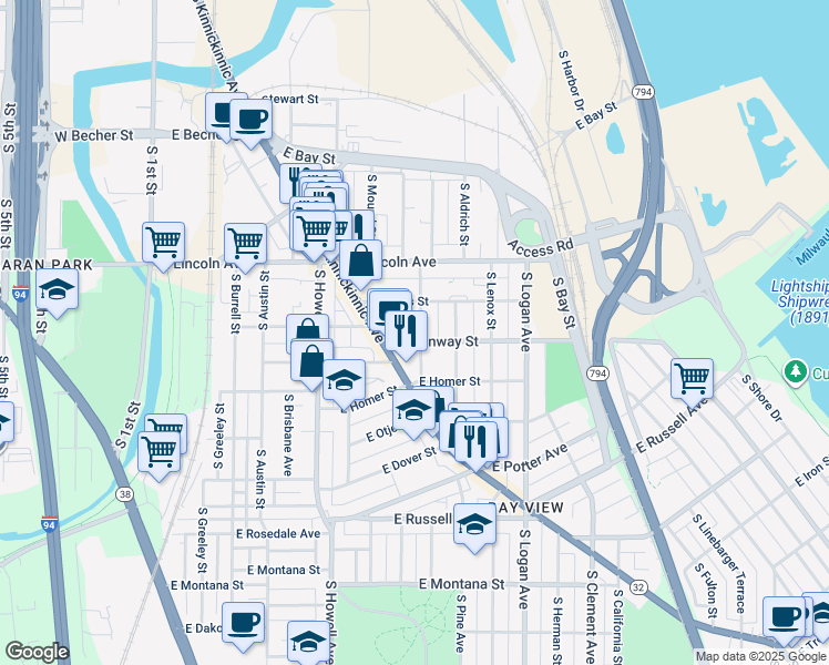 map of restaurants, bars, coffee shops, grocery stores, and more near 625 East Conway Street in Milwaukee