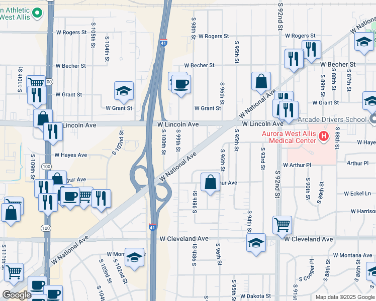 map of restaurants, bars, coffee shops, grocery stores, and more near 9824 West National Avenue in West Allis