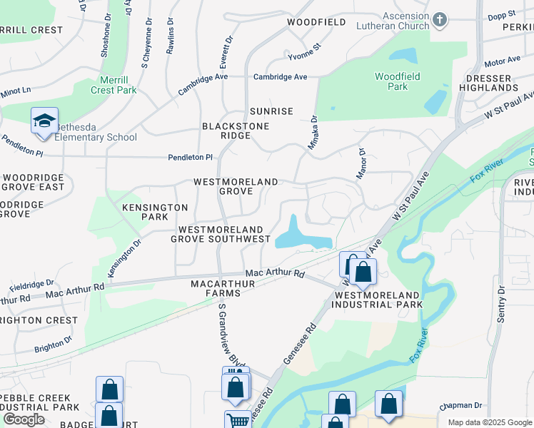 map of restaurants, bars, coffee shops, grocery stores, and more near 2114 Mac Arthur Road in Waukesha