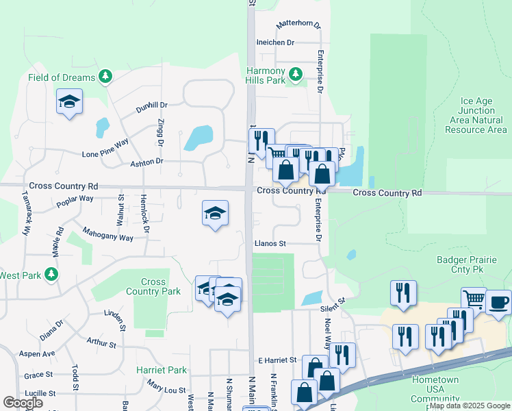 map of restaurants, bars, coffee shops, grocery stores, and more near 905 North Main Street in Verona