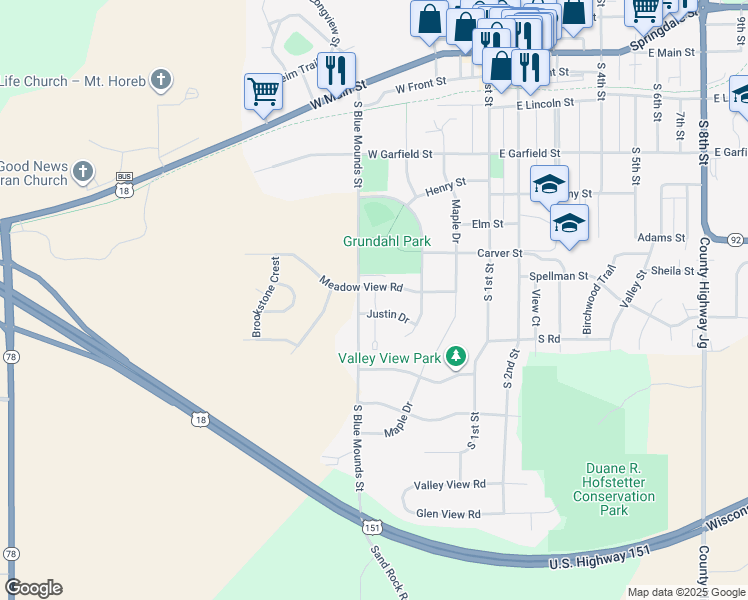 map of restaurants, bars, coffee shops, grocery stores, and more near 727 South Blue Mounds Street in Mount Horeb
