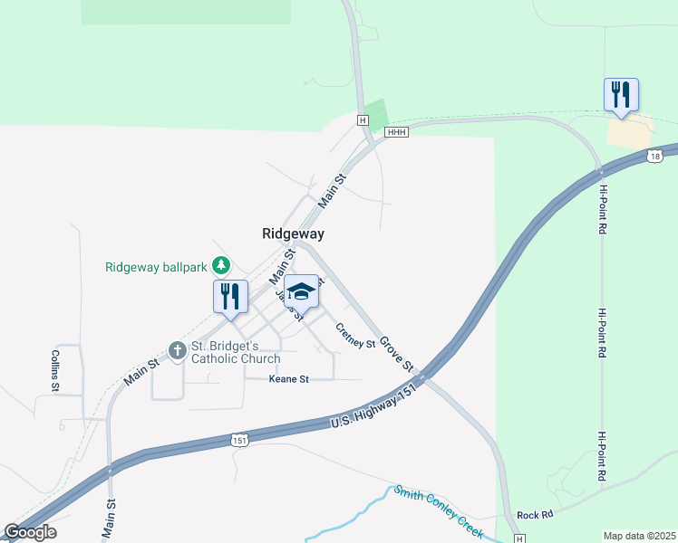 map of restaurants, bars, coffee shops, grocery stores, and more near 207 County Highway H in Ridgeway